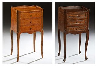 Two French Louis XV Style Inlaid Mahogany Nightstands, 20th c., the first with a three quarter galleried top over three drawers, on tapered cabriole l