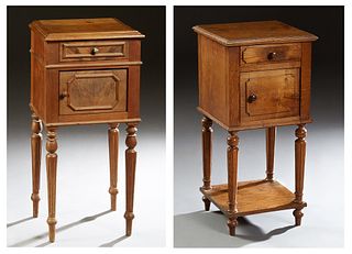 French Carved Walnut Louis XVI Style Nightstand, 20th c., the stepped top over a frieze drawer above a pot cupboard, on turned tapered reeded legs, H.