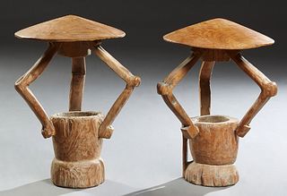 Pair of Japanese Carved Teak Wood Garden Lights, 20th c., the peaked "hat" tops upheld by two arms, to a circular bottom candle holder, H.- 21 in., W.
