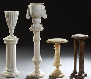 Group of Six French Carved Stone Pieces, early 20th c., consisting of a reeded alabaster column and matching campana vase; a carved handled alabaster 