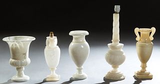 Group of Five French Carved Alabaster Urn Form Lamps, early 20th c., Tallest- H.- 20 1.2 in., Dia.- 6 1/4 in. (5 Pcs.)
