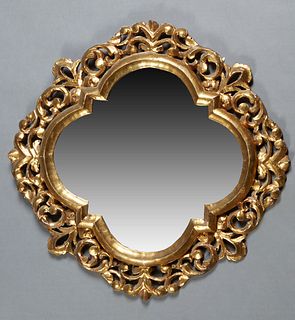 Italian Pierce Carved Giltwood Cartouche Shaped Mirror, early 20th c., H.- 24 1/2 in., W.- 24 1/2 in.