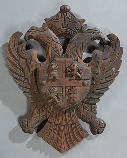 Carved Pine Coat of Arms, 20th c., of the city of Toledo, Spain, H.- 21 1/2 in., W.- 16 7/8 in., D.- 2 1/4 in.