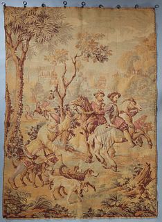 French Tapestry, late 19th c., of a hunting scene with dogs and horses, with hanging rings, H.- 69 1/2 in ., W.- 47 1/2 in.