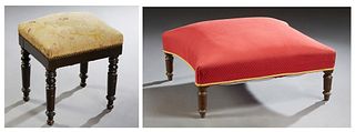 French Louis Philippe Carved Beech Footstool, 19th c., the cushioned top over a wide skirt, with original bird needlework covering, with iron tack dec