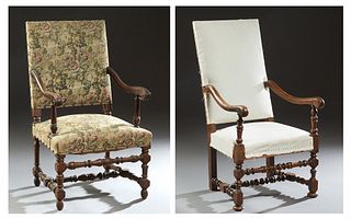Two French Louis XIII Style Carved Oak Fauteuils, early 20th c., one with a rectangular high back over leaf carved arms to a trapezoidal seat, on turn
