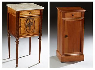 French Louis Philippe Carved Cherry Nightstand, 19th c., the rectangular top over a frieze drawer, above a long cupboard door, on a plinth base, H.- 3