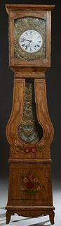 French Provincial Carved Pine Tallcase Clock, 19th c, with polychromed floral decoration, the ogee crown over an enamel dial time and strike clock wit