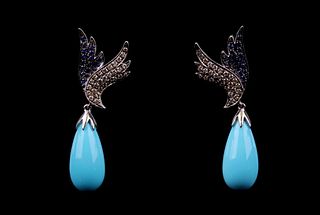 Turquoise Blue Sapphire Diamond 14k Gold Earrings
