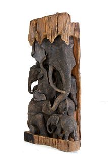 Large Hand Carved Elephant Herd Wooden Statue