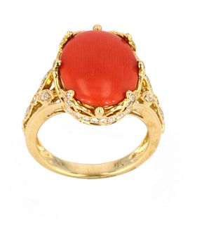 Polished Coral & Diamond  18k Gold Crown Ring