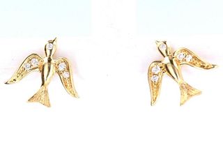 18K Gold Sparrow Bird Stud Earrings w/ Diamonds