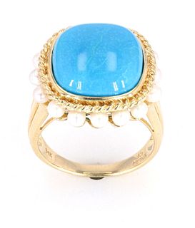 Gem Quality Turquoise and Seed Pearl 14K Ring