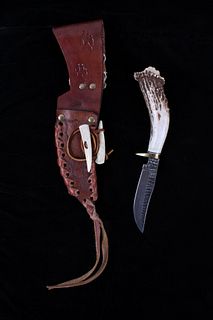Custom Mark Horvat Antler Handle Knife & Scabbard