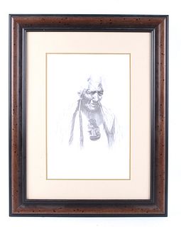 Framed Original Etching of Elderly Indian Man