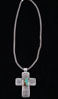 Navajo Sterling & Turquoise Cross Pendant Necklace