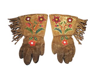 Blackfoot Beaded Hide Gauntlet Gloves c. 1880-1900