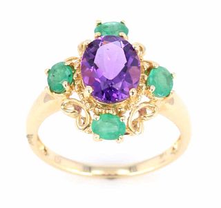 Amethyst & Emerald Vintage Style 14K Gold Ring