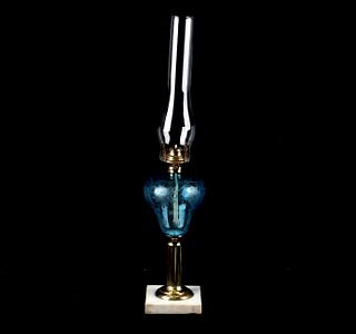 19th C Blue Glass Art Nouveau Globe Oil Lamp