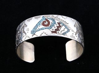 Navajo Raymond Begay Chip Inlay Silver Bracelet