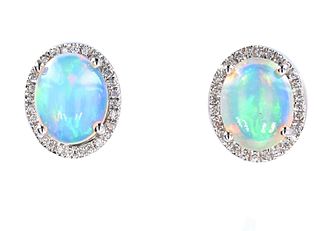 Ethiopian Opal & Diamond Stud Earrings in 14K Gold