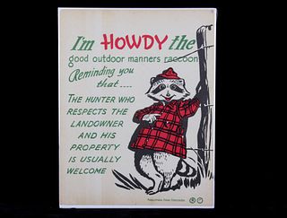 Howdy The Raccoon PA Game Commission Sign C. 1966