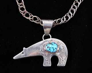 Navajo Sterling & Turquoise Bear Pendant Necklace