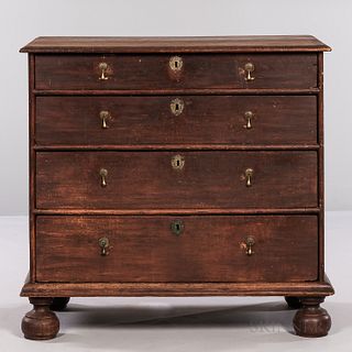 Pine Chest of Four Drawers, probably New England, early 18th century, the molded top on a single arch-molded case, the base with half-r