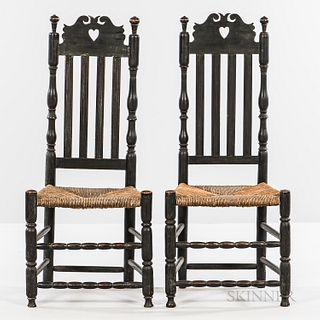 Pair of Heart-and-crown Bannister-back Side Chairs, attributed to Andrew Durand, c. 1730-40, the pierced splats above molded bannisters
