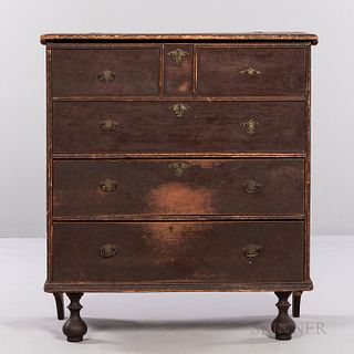 Red-painted Cherry and Pine Chest over Two Drawers, Connecticut, early 18th century, the molded lift top above a double arch-molded cas