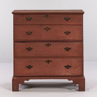 Red-painted Maple Chest over Two Drawers, possibly Connecticut, 18th century, the molded hinged top above two thumb-molded drawers and