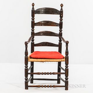 Turned Slat-back Armchair, probably Connecticut, early 18th century, the arched slats joining bulbous turned stiles, with scrolled arms