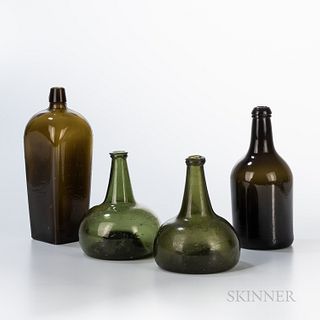 Four Early Blown Glass Bottles, early 19th century, including an olive amber cased gin, an olive amber straight-sided bottle, and two b