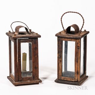 Two Glazed Wooden Candle Lanterns, America, early 19th century, glazed on all four sides, with wire handles and tin candlecups, ht. 11