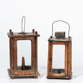 Two Glazed Wooden Candle Lanterns, early 19th century, with chamfered frames, and mortise-and-tenon construction, (larger with crack to