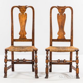 Pair of Cherry Rush-seat Side Chairs, New England, last half 18th century, the spooned crest rails above a vasiform splat and raking st