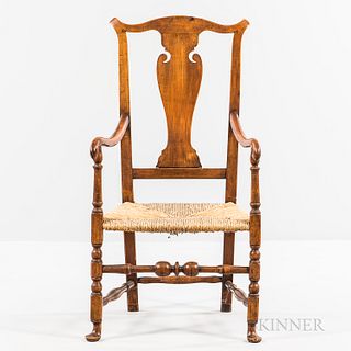 Queen Anne Maple Armchair, New England, 18th century, the serpentine crest rail above a vasiform splat and raking stiles with scrolled