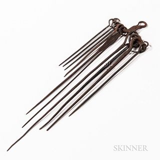 Ten Wrought Iron Skewers on a Reproduction Holder, the long skewers with round ends for hanging, lg. to 21 3/4 in.