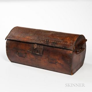 Leather-covered and Tacked Cylindrical Trunk, James Boyd, Boston, early 19th century, the hinged lid with central brass owner's plaque