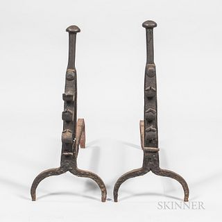 Pair of Wrought Iron Andirons, probably New England, 18th century, the knob tops on posts with three spit hooks on arched feet, ht. 22