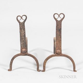Pair of Wrought Iron Ram's Horn Andirons, early 19th century, ht. 16 in.