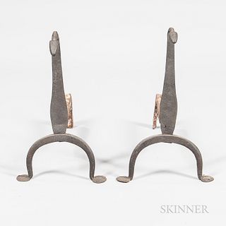Pair of Wrought Iron Andirons, New England, 18th century, the gooseneck forms on arched legs and large penny feet, ht. 18 in.