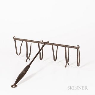 Wrought Iron Fish Roaster, America, c. 1820, six curved tines on a chamfer-decorated cross bar and handle, the upper portion of the han