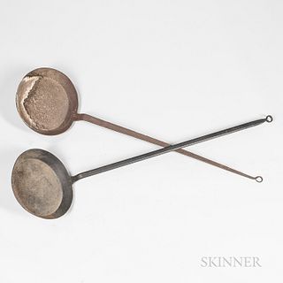 Two Long Handle Wrought Iron Skillets, 19th century, lg. to 50 in.