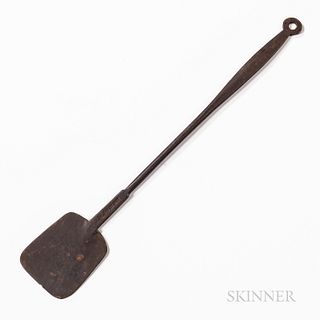 Small Wrought Iron Peel, America, 19th century, the rectangular peel on a round shaft with lollipop hanger end, the shaft stamped "R.G.