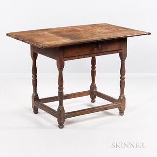 Cherry, Maple, and Oak Tavern Table, probably Connecticut, 18th century, with thumb-molded drawer and beaded apron joining block-, vase