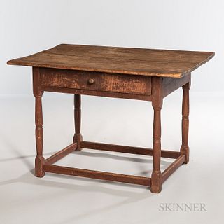 Pine and Maple Tavern Table, New England, 18th century, the single pine board top overhangs a straight skirt with drawer joining block-