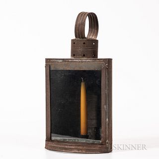 Tin Lantern, 19th century, the body with access door in the arched back, glass window front, cylindrical chimney vent at the top and ro