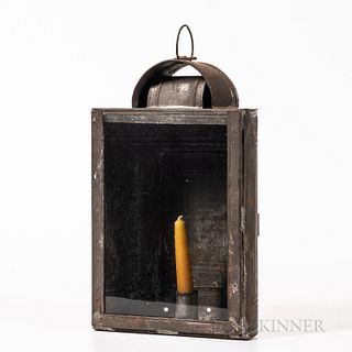 Tin Lantern, 19th century, the body with access door in the arched back, glass window front, arched smoke vent at the top with an iron