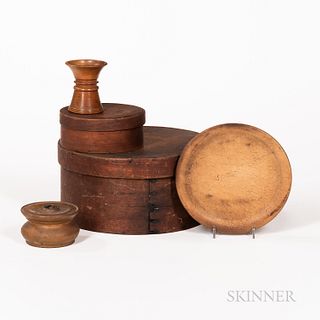 Group of Early Woodenware, early to mid-19th century, comprising two bentwood pantry boxes, a small trencher, a turned sander, and a tu